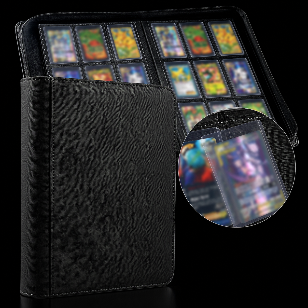 Black PU leather 9-pocket trading card binder 360 card capacity - Acrylior Greece
