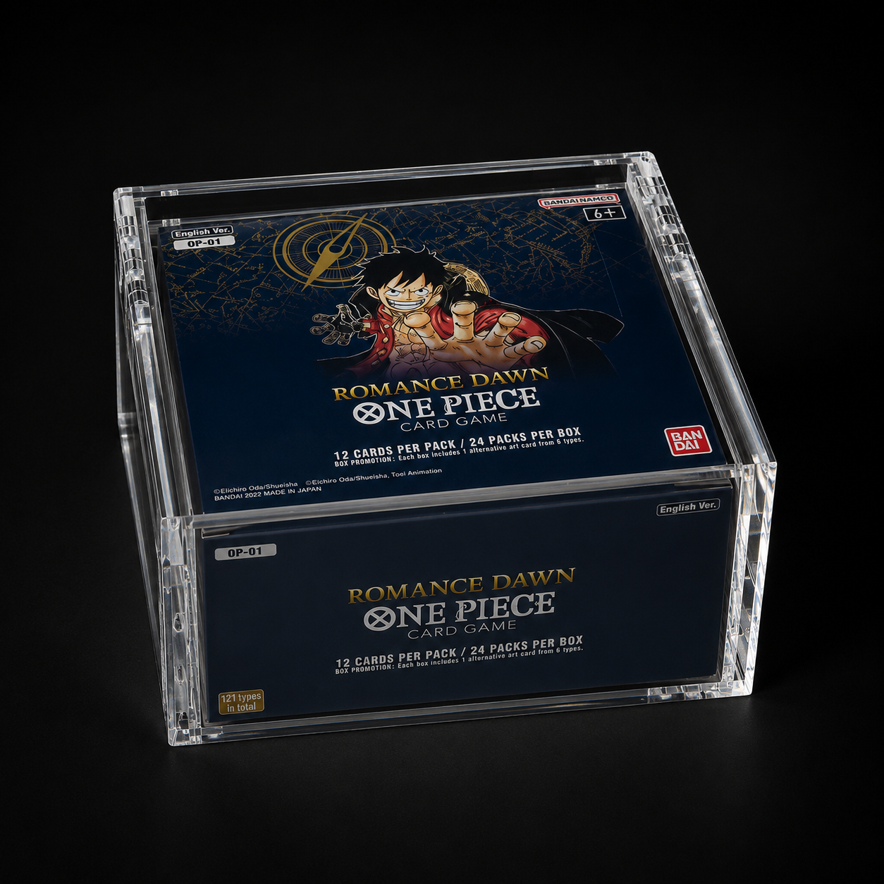 One Piece OP01-02 Booster Box acrylic display case, crystal clear, magnetic lid