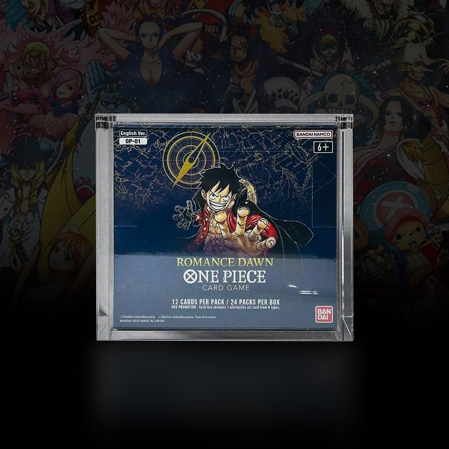One Piece OP01-02 Booster Box acrylic display case, crystal clear, magnetic lid