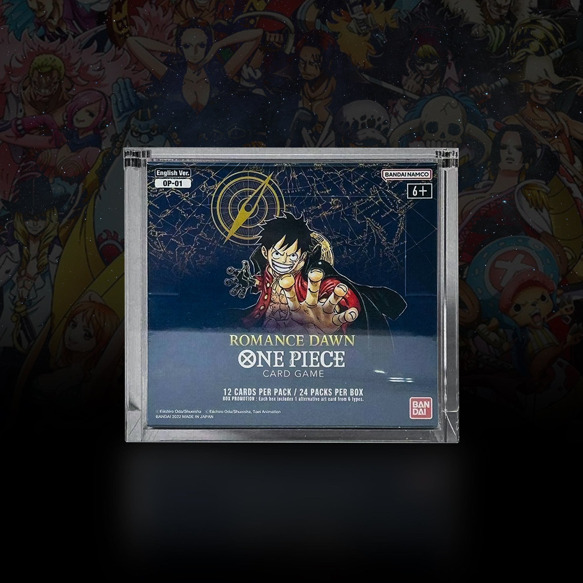 One Piece OP01-02 Booster Box acrylic display case, crystal clear, magnetic lid