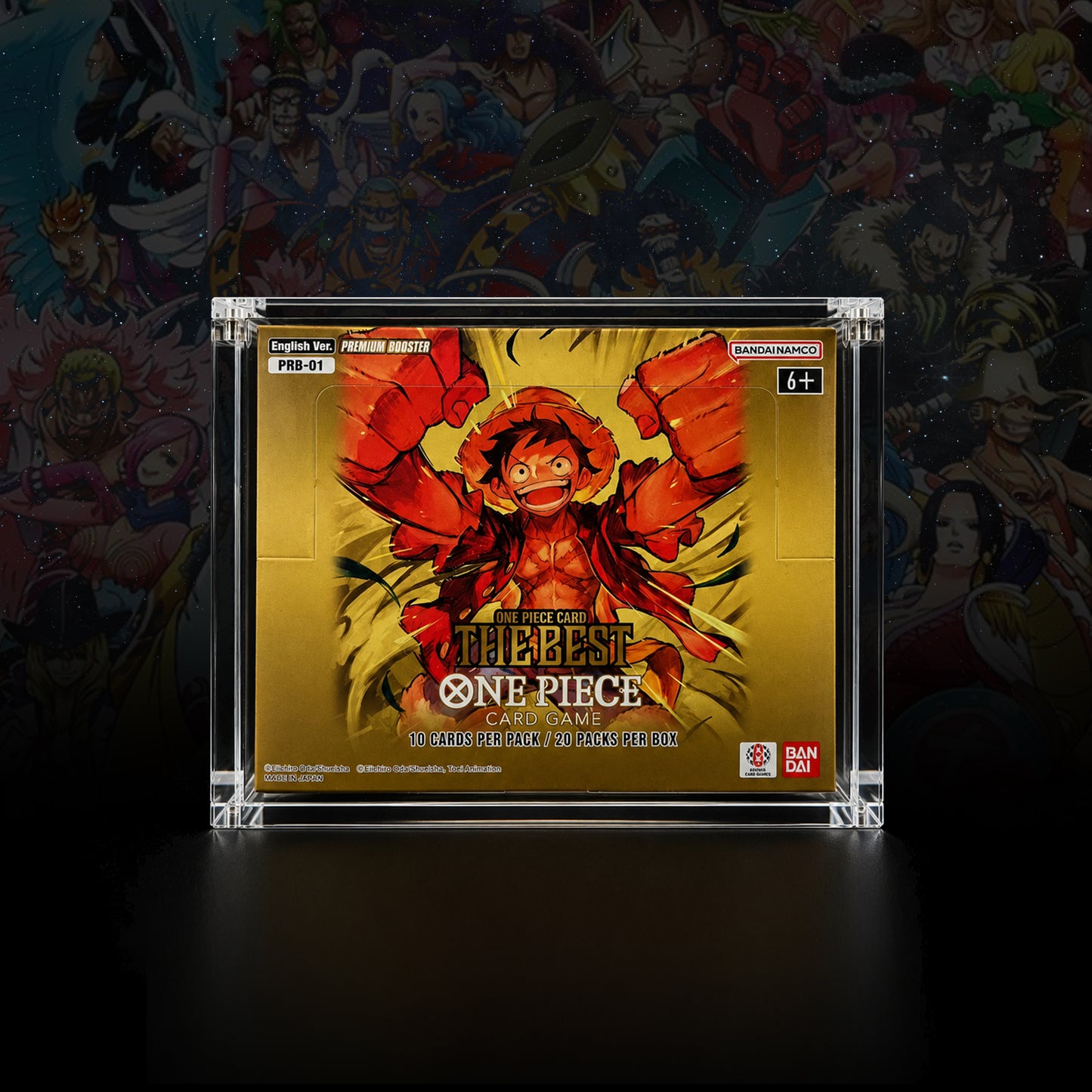 One Piece PRB-01/PRB-02 Booster Box acrylic display case, crystal clear, magnetic lid